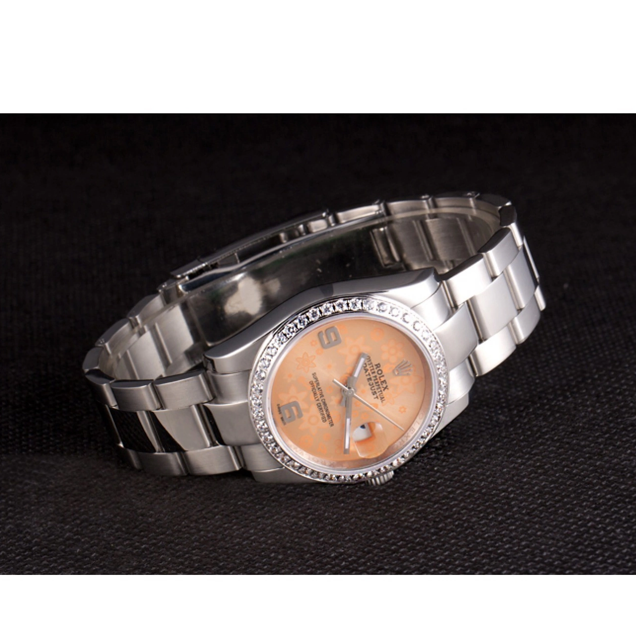 AAA Replica Watches Stainless Rolex Orange Diamond Dial Polished Flowers Plated Steel Datejust 0817